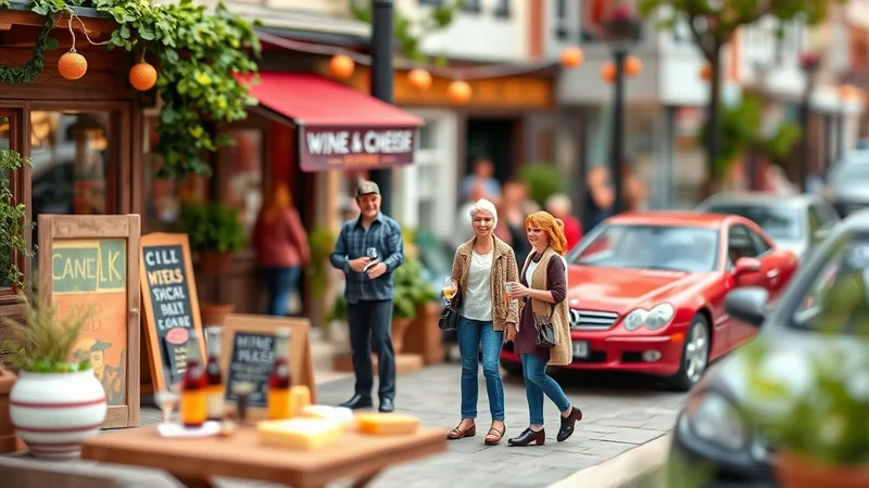 Two miniature women with drinks in hand walk down a street lined with shops, with a miniature man in the background and a red car parked nearby.