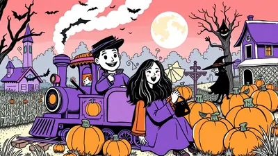 A whimsical Halloween scene featuring a purple train with two children, a girl and a boy, dressed in purple outfits. They are surrounded by a field of pumpkins, a spooky tree with a grinning face, a witch, and a haunted house under a full moon and cloudy moonlit sky with bats flying in the sky.