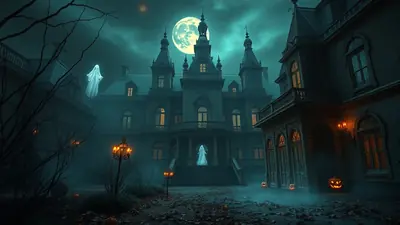 A haunted mansion under a full moon on a foggy night, with ghosts floating outside and jack-o'-lanterns illuminating the grounds.