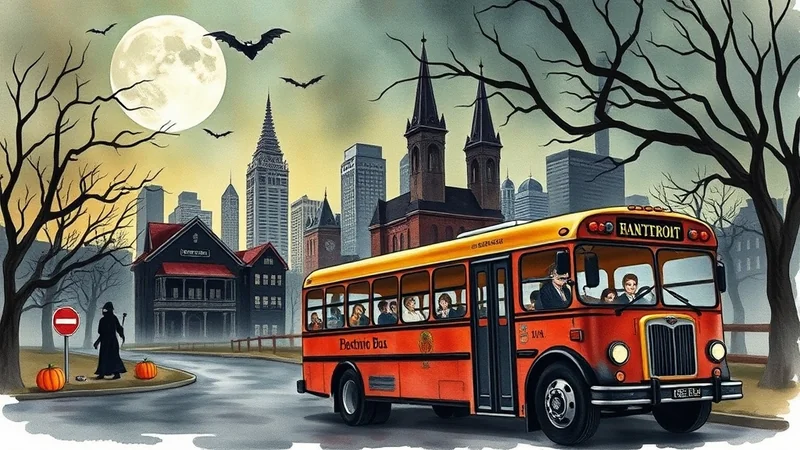 An orange school bus drives down a street on a spooky Halloween night, with a full moon, bats flying, and silhouetted trees against a cloudy sky. A figure in a hooded cloak stands by a stop sign with pumpkins on the side of the road, and a dark, imposing building looms in the background.