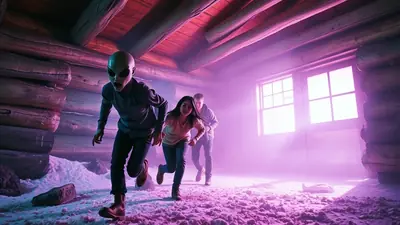 An alien with a grey head and large black eyes is running in a wooden cabin with two humans behind it. The scene is illuminated by purple light, creating a mysterious and eerie atmosphere.