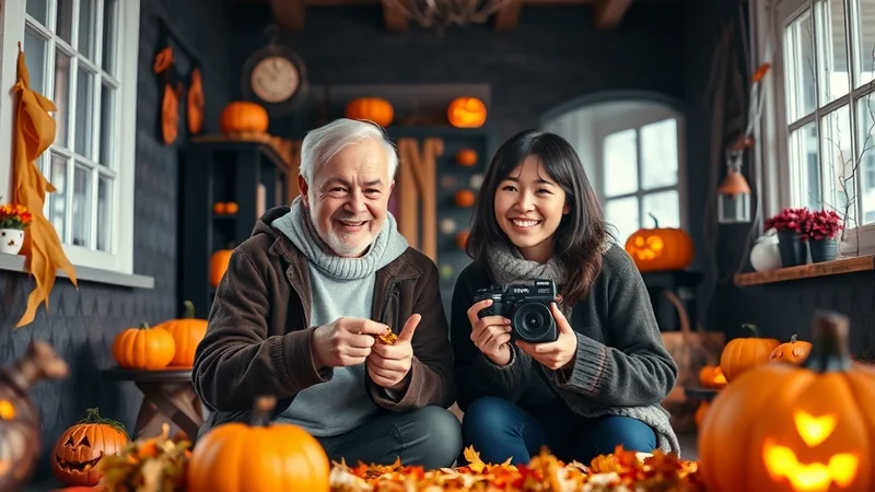 A smiling elderly man and a young woman are sitting on the floor surrounded by pumpkins and autumn leaves, with the woman holding a camera.