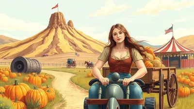 A young woman with long brown hair rides a vintage-style vehicle through a pumpkin patch. In the background, a large rock formation resembling a mountain with a red flag on top stands under a partly cloudy sky. A circus tent with an American flag is visible to the right, and a wagon filled with hay bales and pumpkins is pulled alongside the vehicle.