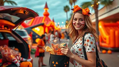 A smiling young woman with Halloween face paint and an orange bow in her hair holds a bucket of candy and snacks at a trunk-or-treat event. In the background, inflatable attractions and decorated cars suggest a festive atmosphere.
