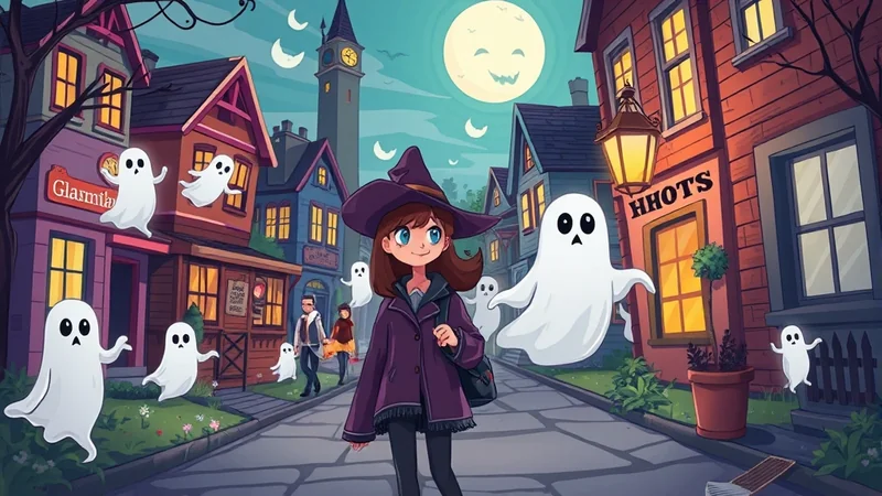 A young witch with a purple hat and coat walks down a street lined with spooky buildings, surrounded by floating ghosts under a large, smiling full moon.