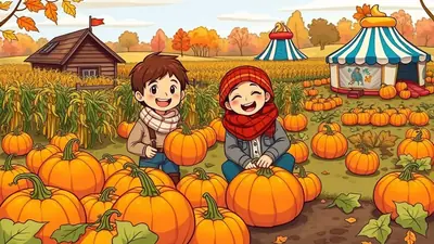 Two happy cartoon children in a pumpkin patch with a corn maze and circus tents in the background, enjoying the autumn season.
