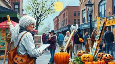 A woman with gray hair tied in a ponytail, wearing a white shirt and a scarf, holds a clipboard and a wooden stick while standing at an outdoor market. She is looking to her right, with a large orange tote bag decorated with a jack-o'-lantern face slung over her shoulder. In the background, people browse stalls displaying artwork and Halloween decorations, including carved pumpkins, under a pale yellow moon and a tree with green leaves.