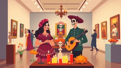 A couple dressed as Catrina and a mariachi skeleton play guitar and hold candles in an art gallery, with paintings of people on the walls and floral decorations on display.