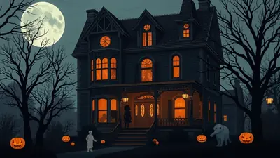 A spooky Victorian house glows with orange light from its windows on a dark, moonlit Halloween night. Bare trees and carved jack-o'-lanterns surround the house, and a shadowy figure stands on the porch steps, while a strange, furry creature with a long snout stands near a pumpkin in the yard.