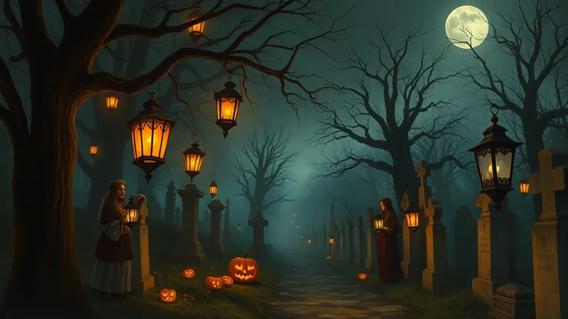 A young girl in a red dress holding a lantern walks through a foggy graveyard at night, illuminated by hanging lanterns and carved pumpkins, under a full moon.