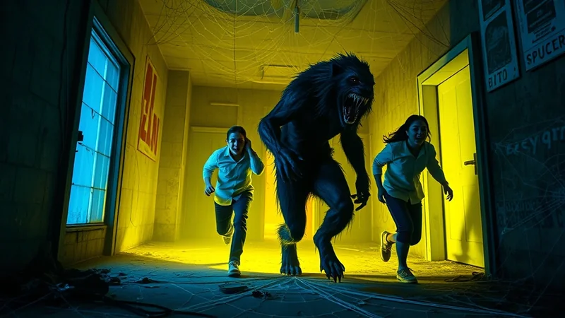 A terrifying werewolf chases two children down a dark, cobweb-filled hallway illuminated by eerie yellow and blue lights.