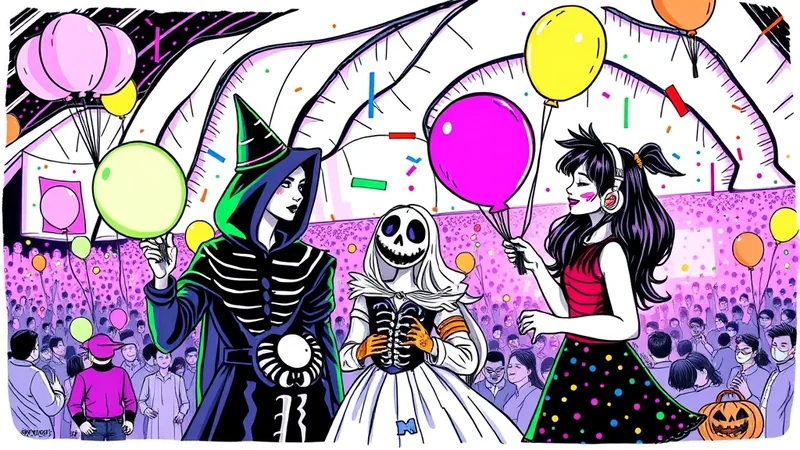 Three people in Halloween costumes at a party with balloons and confetti. The person on the left wears a skeleton costume and witch hat, the person in the middle wears a ghost costume with skeleton details, and the person on the right wears a red top and polka dot skirt with headphones.