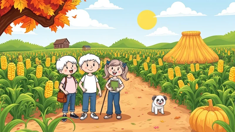 Three children and a dog walk through a cornfield on a sunny autumn day, with a large haystack and a pumpkin visible.