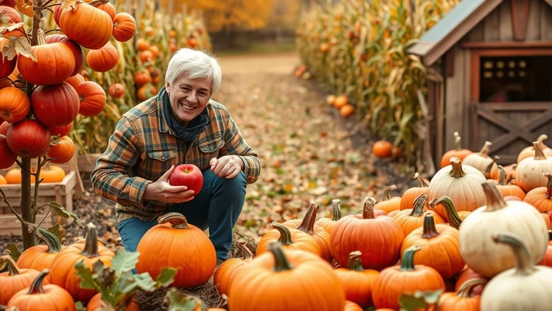 A smiling man with gray hair, wearing a plaid shirt and jeans, kneels in a pumpkin patch holding a red apple. He is surrounded by numerous pumpkins and corn stalks, with a small wooden shed in the background.