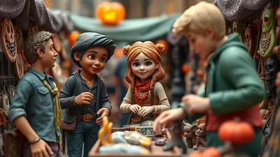 Four stylized cartoon children are gathered around a market stall filled with Halloween decorations, including carved wooden faces, skulls, and pumpkins. The scene has a festive and slightly spooky atmosphere.