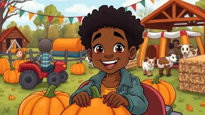 A young Black child with curly hair smiles broadly while sitting in a pumpkin patch with several large pumpkins in the foreground. In the background, a cartoon animal drives a tractor, and a small barn and petting zoo with goats are visible under festive bunting.