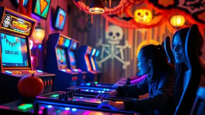 Two young women play arcade games in a dimly lit room decorated for Halloween with a skeleton and pumpkins, creating a festive and slightly spooky atmosphere.