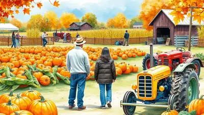 A couple stands in a pumpkin patch with two tractors and a barn in the background, under a bright autumn sky with colorful fall foliage.