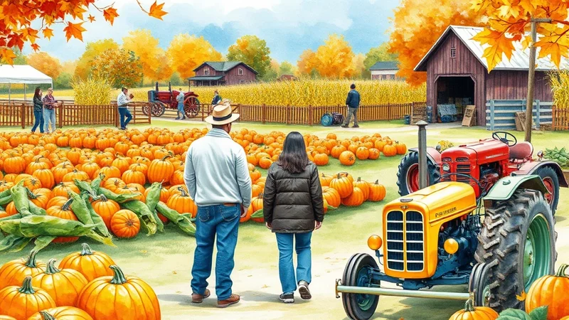 A couple stands in a pumpkin patch with two tractors and a barn in the background, under a bright autumn sky with colorful fall foliage.