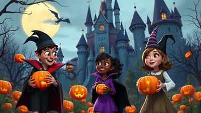 Three children in Halloween costumes, holding pumpkins, stand in front of a spooky castle with a full moon and bats in the sky.
