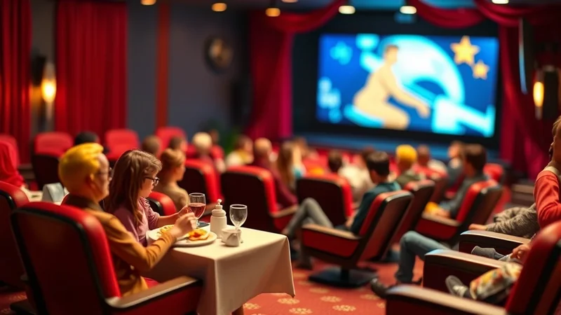 A group of people are sitting in a movie theater watching a movie. The people in the foreground are a woman with glasses and a man with bright yellow hair. They are sitting at a small table with food and drinks. The movie screen in the background shows a cartoon character with stars.
