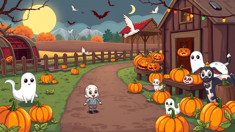 A charming Halloween scene with cartoon ghosts, a cow, and many pumpkins scattered around a rustic barn and farmyard under a full moon.