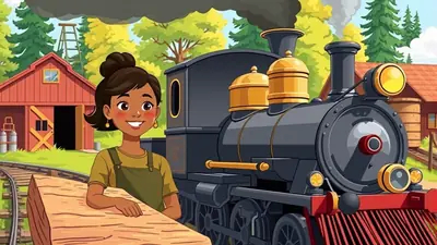 A young girl with brown hair in a bun, wearing overalls, stands next to a large wooden beam in front of a steam train. A red barn with an open door and a ladder leaning against it is visible behind her, with trees and a blue sky in the background.