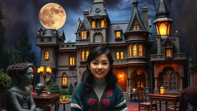 A young girl smiles in front of a spooky, illuminated haunted mansion under a large full moon, with a statue of a woman to her left.