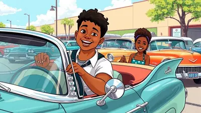 A young Black boy and girl are smiling in a classic teal convertible. The boy is in the driver's seat, holding the steering wheel, and the girl is in the passenger seat. They are surrounded by other vintage cars in a sunny outdoor setting.