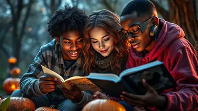 Three young people, two Black males and one white female, are sitting outdoors at night, surrounded by pumpkins, and reading a book together. The mood is warm and inviting, with soft lighting illuminating their faces as they focus on the book.