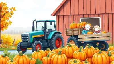 A teal tractor is parked next to a red barn, with a wagon full of pumpkins and two children sitting in the wagon. A large pile of pumpkins is in the foreground, and autumn foliage is visible in the background.
