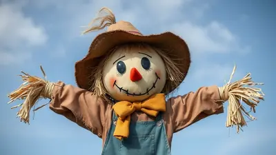 A friendly scarecrow with a straw hat, burlap face, orange bow tie, and denim overalls stands against a bright blue sky with scattered clouds.