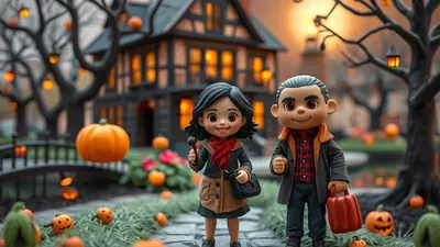 Two cartoon children, a boy and a girl, stand in front of a spooky haunted house decorated for Halloween with pumpkins and lanterns.