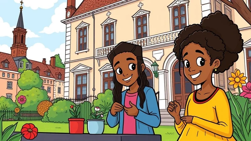 Two young Black girls are smiling in a garden in front of a large building. The girl on the left has long braided hair and is wearing a blue jacket over a pink shirt. The girl on the right has her hair in a large afro and is wearing a yellow dress. They are standing near potted plants and flowers.