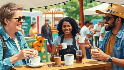 Three people are smiling and enjoying coffee at an outdoor market. A woman with short blonde hair and sunglasses is on the left, holding a coffee cup. A woman with dark curly hair and an apron is in the center, holding two coffee cups. A man with a beard, sunglasses, and a cowboy hat is on the right, holding a coffee cup. They are all seated at a wooden counter with coffee beans scattered around.