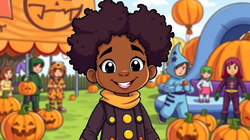 A young Black child with curly hair and a yellow scarf smiles at the viewer, standing in front of a Halloween-themed scene with pumpkins and children in costumes.