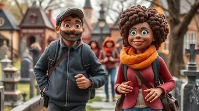 Two cartoon characters, a man with a cap and beard and a woman with curly hair and an orange scarf, walk through a cemetery with tombstones and old buildings in the background.
