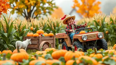 A smiling child wearing a straw hat and a plaid shirt drives a toy tractor through a pumpkin patch, with a wagon full of pumpkins and a white dog statue in the background.