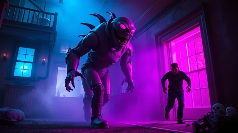 A terrifying monster with glowing purple eyes and sharp teeth lunges towards a man in a dimly lit room with purple and blue lighting.