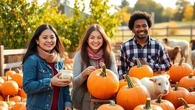 Three smiling friends, two women and one man, are at a pumpkin patch with a small white lamb. The friends are surrounded by pumpkins and autumn foliage, and they appear to be enjoying a fall day.
