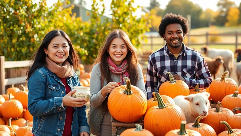 Three smiling friends, two women and one man, are at a pumpkin patch with a small white lamb. The friends are surrounded by pumpkins and autumn foliage, and they appear to be enjoying a fall day.