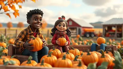 A young Black boy and a young girl sit in a wooden wagon filled with pumpkins, surrounded by a pumpkin patch and farm buildings under a partly cloudy sky.