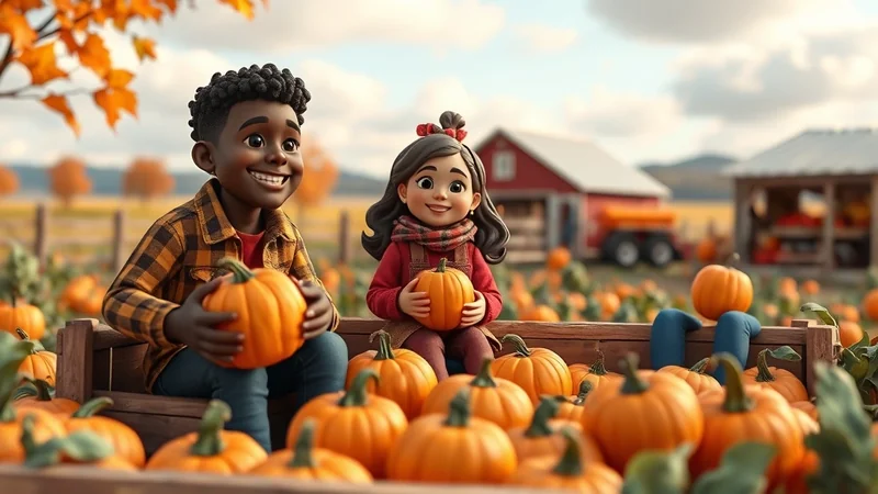 A young Black boy and a young girl sit in a wooden wagon filled with pumpkins, surrounded by a pumpkin patch and farm buildings under a partly cloudy sky.