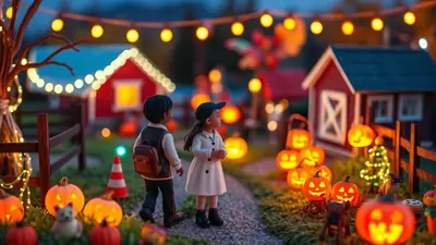 Two children, a boy and a girl, stand on a path decorated with glowing jack-o'-lanterns and miniature houses, under a string of festive lights, evoking a magical Halloween night.