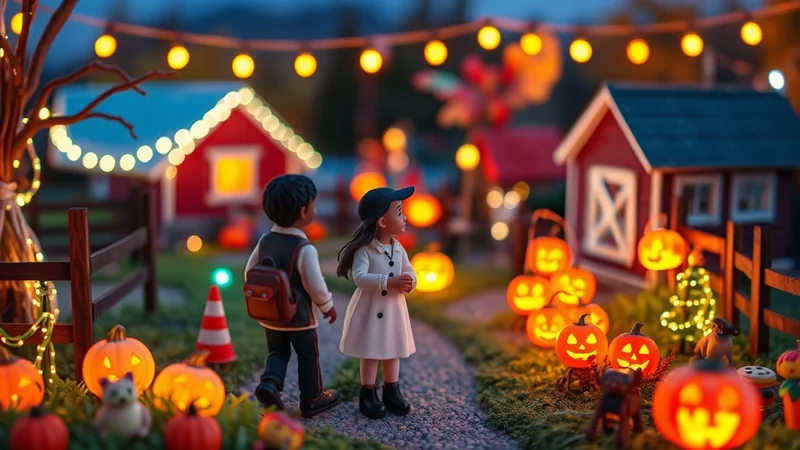 Two children, a boy and a girl, stand on a path decorated with glowing jack-o'-lanterns and miniature houses, under a string of festive lights, evoking a magical Halloween night.