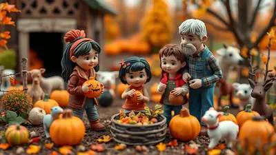A charming autumn scene featuring a family of stylized figurines celebrating Halloween. A grandfather, two children, and a young girl are gathered amongst pumpkins and fallen leaves, with toy farm animals and a deer in the background, creating a festive and heartwarming atmosphere.