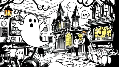 A whimsical black and white illustration for Halloween features a large, friendly ghost floating in front of a spooky, multi-turreted house. Two young people stand near the entrance, holding a glowing light bulb, while pumpkins and other festive decorations adorn the scene.