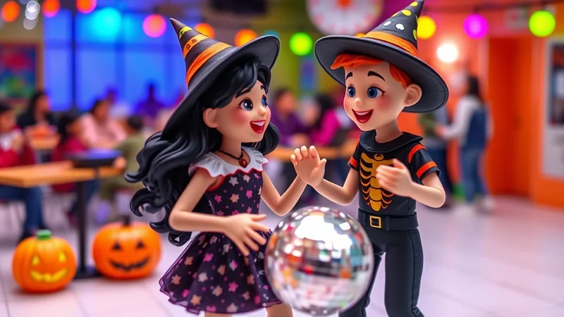 Two cartoon children dressed as witches, one with black hair and a starry dress, the other with red hair and a skeleton costume, are holding hands and dancing around a disco ball at a Halloween party.
