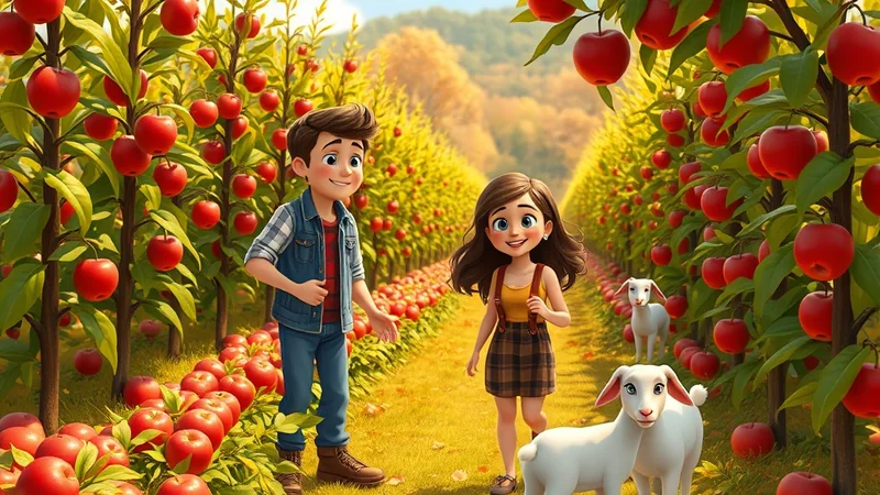 A boy and a girl stand in an apple orchard with two goats, surrounded by rows of apple trees laden with red apples.