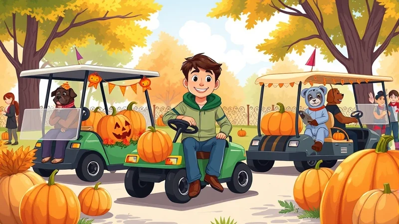 A cheerful autumn scene with a young boy driving a golf cart, surrounded by pumpkins and two other golf carts carrying costumed dogs, all set against a backdrop of colorful fall foliage.